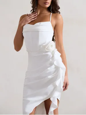 Club L London On The List White Asymmetrical Corset Midi Dress Floral Drape $145 thumbnail 16