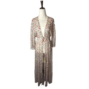 Pink Lily Floral Maxi Duster Women Small Ivory Tassel Boho Resort Cover Up Sheer thumbnail 2