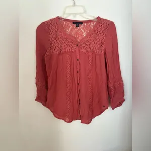 American Eagle Outfitters Lace Yoke Button Down Blouse Size XS Coral thumbnail 9