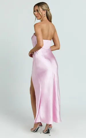 New Showpo Pink Midi Dress Satin Strapless Side Split Dress MSRP $119 thumbnail 6