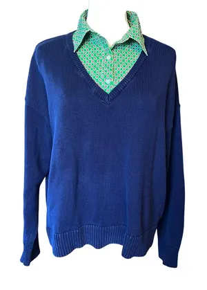 Lauren Ralph Lauren Black Label Layered V Neck Sweater. Navy/Green Size Large thumbnail 1