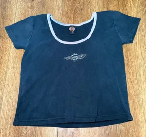 VTG 1995 Harley Davidson Rules Womens XL Baby‎ Tee Houston TX Ringer Shirt USA thumbnail 1