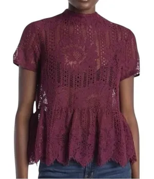 ANTHROPOLOGIE Wine Crochet and Lace Peplum‎ Hem Blouse NWOT Size XS thumbnail 1