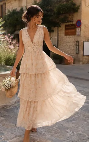 Lulus Vallia Tiered Maxi Dress Blush Floral $148 Small Dreamy Fairytale Wedding thumbnail 1