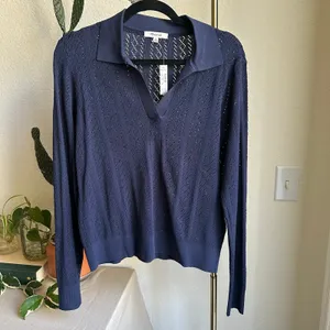 Madewell Navy Pointelle-Stitch Polo Sweater thumbnail 3