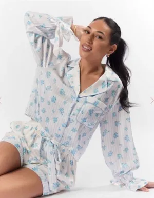 Altar’d State Ditzy Floral Blue Satin Pajama Set Striped Size Small and XS thumbnail 1