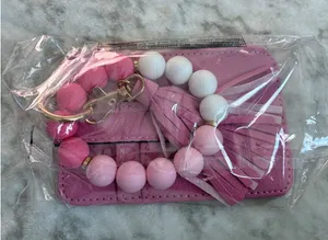 NEW Pink Card Holder Wallet with Silicone Bead‎ Wristlet Keychain Tassel Set New thumbnail 1