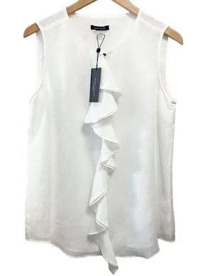 TOMMY HILFIGER White Sleeveless Ruffle Front Top M Lined Blouse thumbnail 1