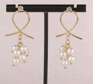 White Pearl Dangle Drop Earrings for Women Gold thumbnail 1