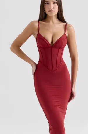 House of CB ‘Romy’ Red corset dress with lace-up back and side slit thumbnail 1