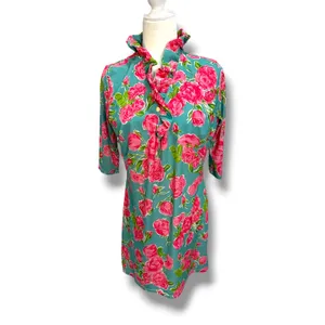 Simply Southern Pursuit of Preppiness Roses Dress Small NWT Teal Pink Ruffle thumbnail 3