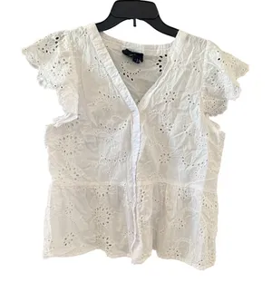 Liv Los Angeles Womens White Eyelet Lace Button Front Peplum Top‎ Ruffle Cottage thumbnail 1