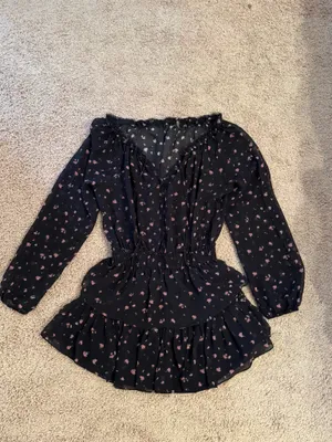 Love Shack Fancy Black And Pink Floral Mini Dress with Ruffles thumbnail 3