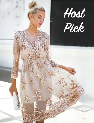 Rouge Women's M Beige Champagne V-Neck‎ Midi Dress with Rose Gold Sequins thumbnail 1