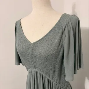 JODIFL PinkBlush Green Smocked Ruffle Midi Dress Sz L thumbnail 2