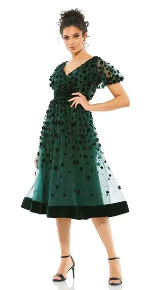 Mac Duggal Floral Embellished Butterfly Sleeve Velvet‎ Hem Midi Dress- NWT thumbnail 1