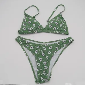 2 Piece Triangle Bikini Set Womens S Green White Floral Stretch Spaghetti Straps thumbnail 2