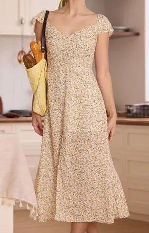Rihoas The Yellow V Neck Floral Slit Midi Dress thumbnail 3