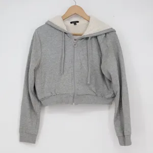 Ambiance Womens Gray Cropped Sherpa Lined Zip Up Hoodie Sweatshirt Large thumbnail 2