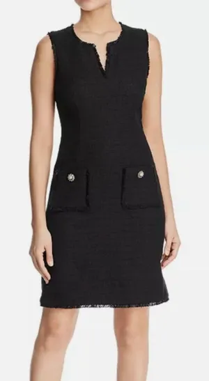 Karl Lagerfeld Paris Black Tweed Sheath Dress Size 6 Fringe Trim Pockets thumbnail 1