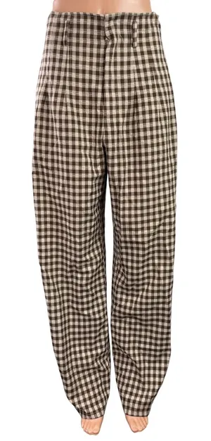 12Th Tribe Women's Brown Gingham Check Wide Leg Baggy Trousers Pants Size S thumbnail 1