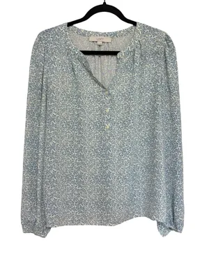 LOFT Mixed Media Floral Popover Blouse in Pale Blue Microfloral - Size M thumbnail 1