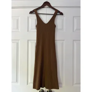 Vince Brown Ribbed Knit V-Neck Midi Dress Sleeveless Small thumbnail 4