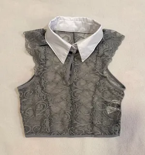 Yandy Gray Lace Crop Top with White Pointed Collar thumbnail 1