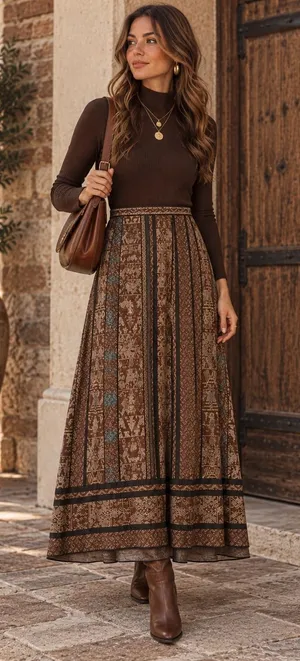 Peruvian Connection Brown Pima Cotton Tribal Print Pleated Maxi Skirt Size 6 thumbnail 1