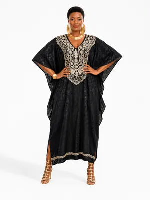 Ashro Black Gold Embroidered Caftan Kaftan Maxi Dress One Size Resort Cruise thumbnail 4