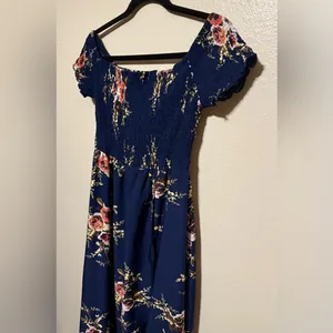 Omonsim Navy Floral Off-Shoulder Maxi Dress | Asymmetrical Hem Boho Romantic thumbnail 3