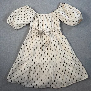 Sim & Sam Women's Small Cream Black Smocked Off Shoulder Tiered Mini Dress thumbnail 1