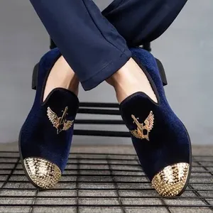 JITAI Men's Navy Blue Velvet Loafers - Gold Spiked Toe & Winged Sword Emblem - Size 10 thumbnail 1