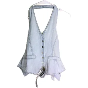 NWT Nasty Gal Chambray Halterneck Top Light‎ Wash Tie Back Size 2 thumbnail 3