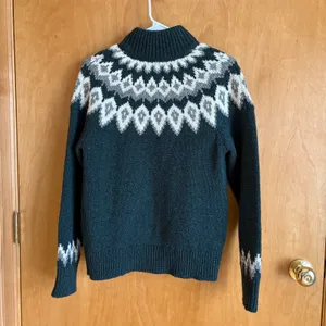 LL Bean Full Zip Cardigan Womens‎ Small Green Fair Isle Lambswool Sweater 503420 thumbnail 2