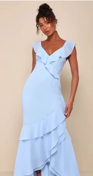 Lulus Charming Event Light Blue Asymmetrical Ruffled Maxi Dress Size Medium thumbnail 1