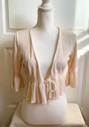 Vintage Y2K Silk Cotton Cropped Bolero Cardigan Sweater Sequins Ruffle M Fairy thumbnail 1