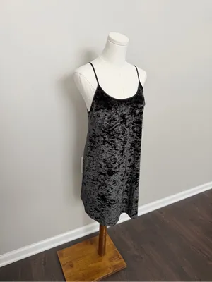 Crushed Velvet Velour Dress Slip Nighty Mini Adjustable Straps Romantic Black thumbnail 2