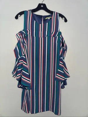 Gianni Bini Multi-Stripe Cold-Shoulder Shift Dress in Blue Teal thumbnail 3