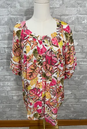 Jane and Delancey Tropical Button-Front Tunic in Pink, Yellow and Green thumbnail 1