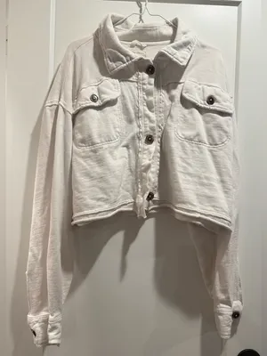 Free People Women's‎ White Collared Long Sleeve Cropped Shirt Jacket Size L thumbnail 2