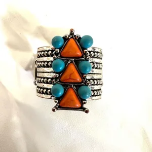 Blue and orange silver tone stretchy ring thumbnail 2