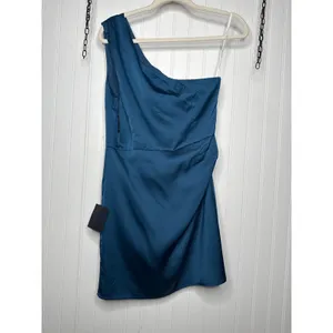 NWT Lulus Love Me Tonight Navy Blue Satin One-Shoulder Mini Dress Party Size M thumbnail 3