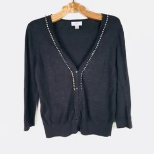 LOFT Gray Cardigan Rhinestone Trim Sz Medium thumbnail 5