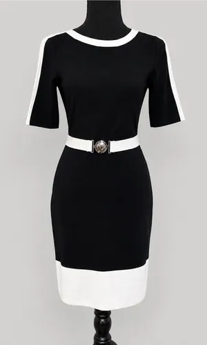 Lauren Ralph Lauren XS Black White Colorblock Belted Sheath Dress Stretch Knit thumbnail 1