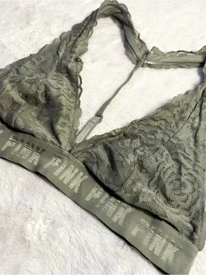 VS PINK Olive Green Lace T-Back Bralette Size Medium Wireless Comfort Bra thumbnail 4