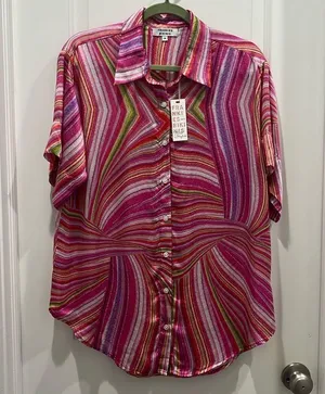 NWT Frankie’s Bikinis Fifi Button Down Short Sleeve Multi Colored Blouse Sz M thumbnail 2