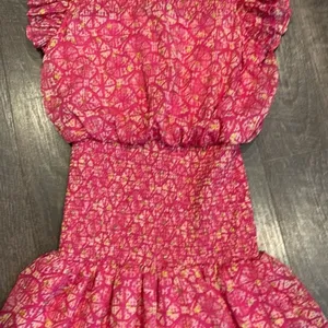 gold and fuchsia, print, smock, ruffle, mini dress thumbnail 3