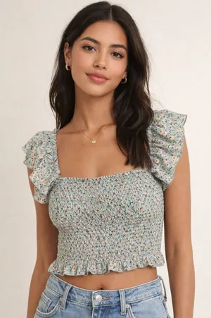 Lulus Crop Top Womens XL Flourishing‎ Fields Sage Green Floral Smocked Ruffle thumbnail 1