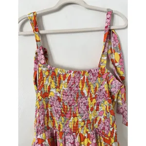 THML Smocked Midi Dress Tropical Floral Tiered Tie Straps Size Large Orange thumbnail 3
